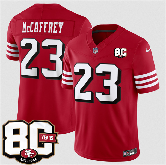 Men's San Francisco 49ers #23 Christian McCaffrey New Red 80th Anniversary Patch 2026 F.U.S.E. Vapor Untouchabl Limited Stitched Football Jersey